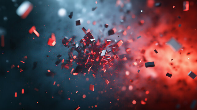 Explosion von Partikeln kleinen Steinchen mit Unsch&auml;rfe und Rauch rotes Schimmern von kleinen Glasscherben und Splittern Generative AI