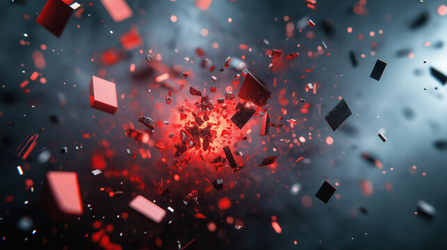 Explosion von Partikeln kleinen Steinchen mit Unsch&auml;rfe und Rauch rotes Schimmern von kleinen Glasscherben und Splittern Generative AI