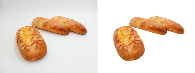 Cheese bread and half a baguette. Close. Ruddy pastry with a crispy crust. Just add text or logo. The theme of cooking, bakery, market, advertising of home baking. Ready-made food product.