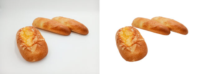 Cheese bread and half a baguette. Close. Ruddy pastry with a crispy crust. Just add text or logo. The theme of cooking, bakery, market, advertising of home baking. Ready-made food product.