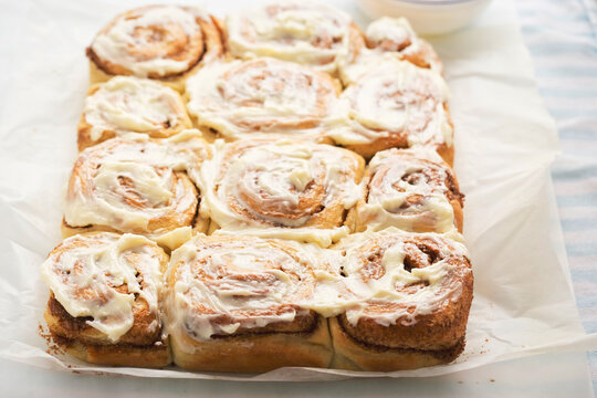 Traditional cinnamon rolls with cheese icing