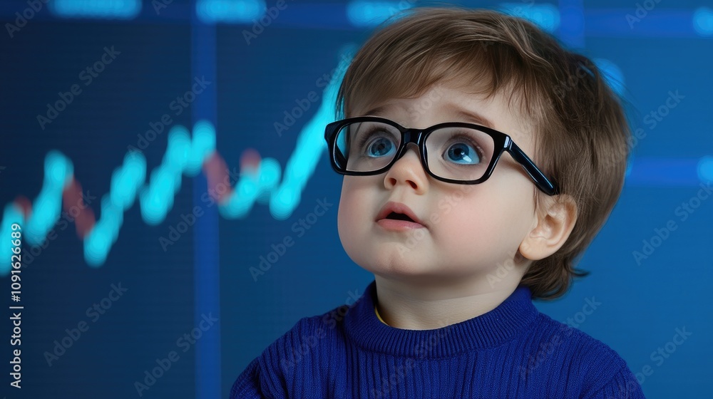 Poster toddler exploring stock market trends while gazing at digital chart with a curious expression