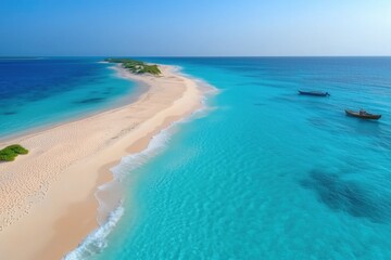 Two fishing boats sail on clear turquoise waters near a pristine white sandbank, creating a stunning tropical seascape