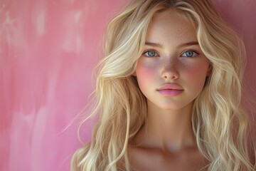 Fototapeta premium Portrait of a young blonde woman with freckles, looking directly at the camera against a vibrant pink background.