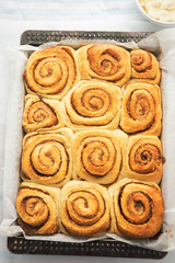 Cinnamon rolls. Traditional sweet baked goods. 