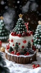 A beautifully decorated Christmas cake adorned with green trees, red ornaments, and a star-topper, surrounded by festive snow.
