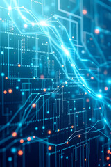 Obraz premium A close-up view of a digital circuit board with glowing blue lines and nodes, representing data flow and technology. The background features a dark blue gradient with abstract patterns.
