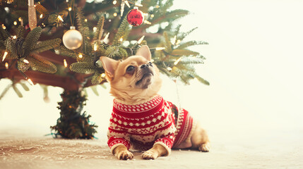 Pet in Holiday Sweater by Christmas Tree. A dog or cat dressed in a cozy holiday sweater, lounging by a Christmas tree, adding a touch of holiday warmth