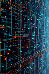 Fototapeta premium A close-up view of a digital circuit board with glowing lines and data streams, showcasing a futuristic technology theme.