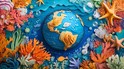 Image of a small earth living in harmony with sea creatures