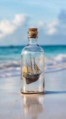 Obraz premium A delicate ship model inside a bottle rests on a sandy beach, capturing a sense of nautical adventure and tranquility.