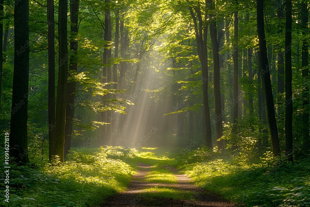 Poster sunlight filtering through trees in a peaceful forest path