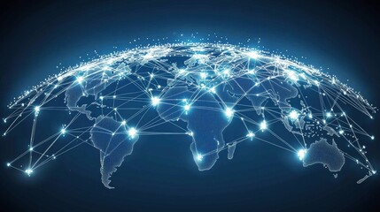 Fototapeta premium Abstract Representation of Global Connectivity Through Digital Networks with Illuminated Nodes and Lines Illustrating Data Flow Across Continents