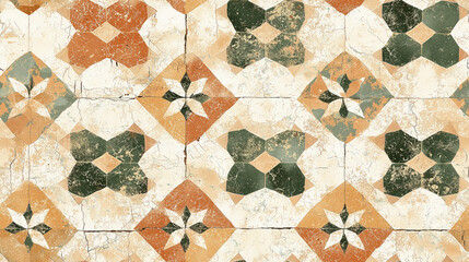 A patterned tile floor with a green and brown design
