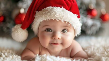 Cute baby wearing Santa hat for a festive holiday portrait at home