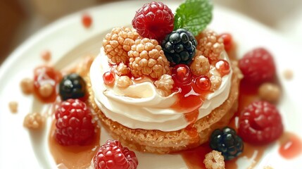 Delicious Dessert Topped with Fresh Berries and Cream