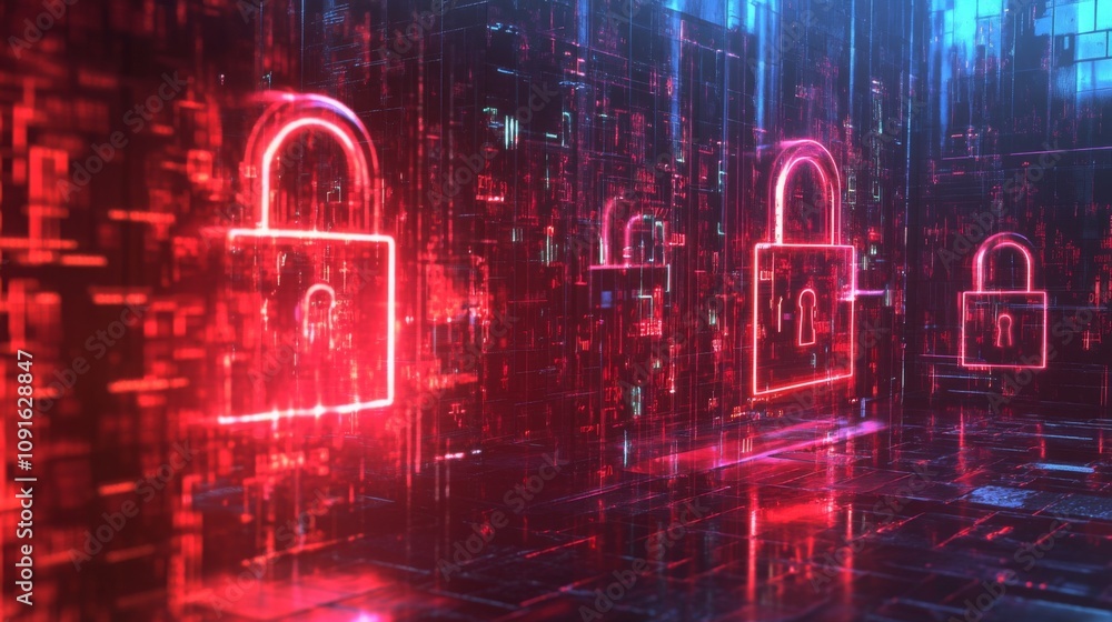 Poster In a high-tech setting, bright neon locks illuminate the digital landscape, emphasizing the importance of online security and data safeguarding in today's technology-driven world.