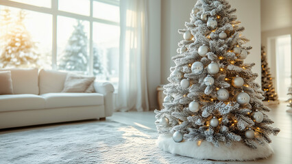 A modern living room with a minimalistic white Christmas tree, sleek furniture, silver ornaments, and clean, elegant lighting.