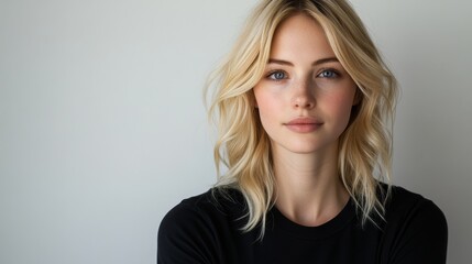 Naklejka premium Close-up of a young blonde woman with serene expression, wearing a black top against a light background.