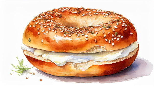 Watercolor illustration of fresh bagel with creamy cream cheese filling and sesame seeds. Tasty snack.
