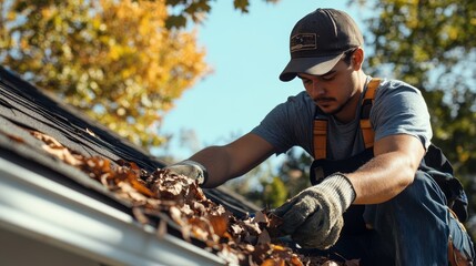 Young man cleaning leaves from a gutter in autumn, wearing gloves and a cap, outdoor maintenance activity.