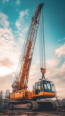 Fototapeta premium Majestic Construction Crane Under Blue Sky with Clouds at Construction Site, Showcasing Heavy Machinery and Industrial Equipment in Urban Environment