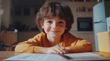 A young boy with curly hair smiles warmly as he completes his homework at the kitchen table, enjoying afternoon sunlight.