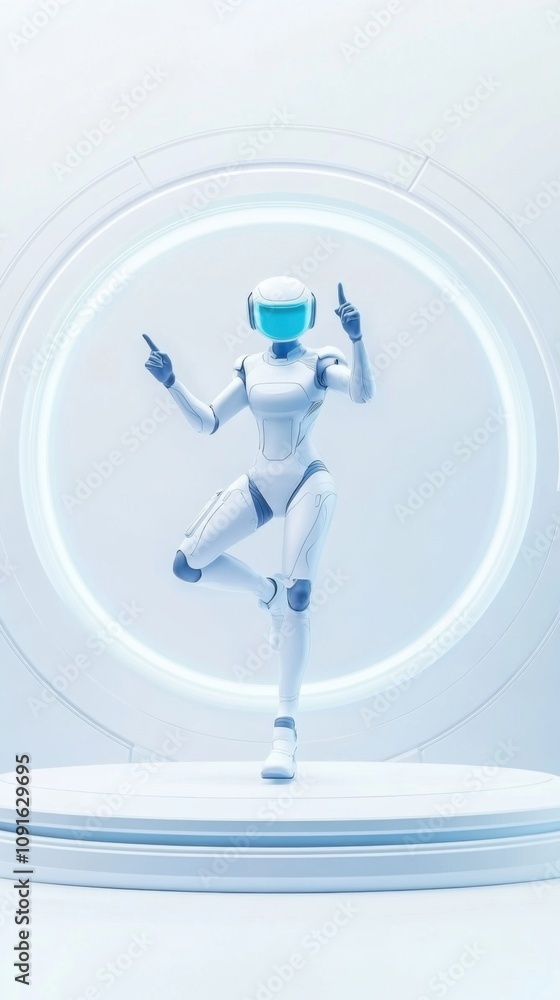 Aufkleber futuristic humanoid robot performing dynamic pose inside neon-lit circular frame