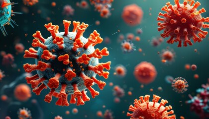 Obraz premium microbes, microorganisms in close-up, macro, floating in large numbers in polluted, dusty air, showing a dangerous environment