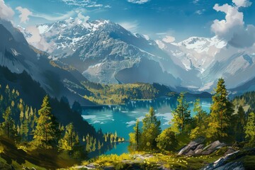 A stunning view of towering mountains surrounded by lush forests and a shimmering lake, illuminated by bright sunlight on a clear day in a tranquil natural environment.