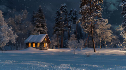 Snowy Cabin in the Forest at Night. A serene scene of a snow-covered cabin lit up in the woods, with stars overhead, creating a peaceful Christmas evening image