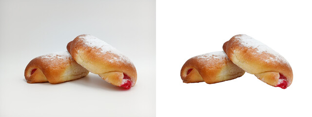 Bun with pink marmalade filling. Cake with sugar icing. Close up. Ruddy dough with a crispy crust. Just add text or logo. The theme of cooking, bakery, market, advertising of home baking. 