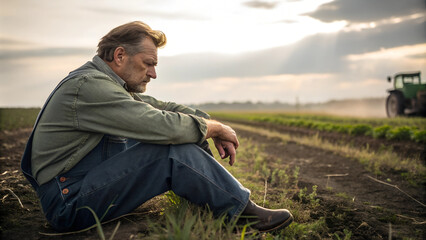 Bauer sitzt nachdenklich und resigniert auf einem Feld. 
