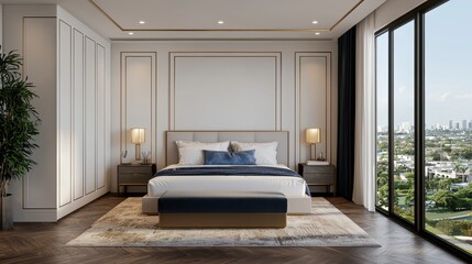 Luxurious Modern Bedroom Interior Design City View Gold Accents Blue Decor