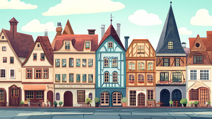 Fototapeta premium A cartoon houses with a large street and lots of old buildings. Renaissance Market Square. Illustration