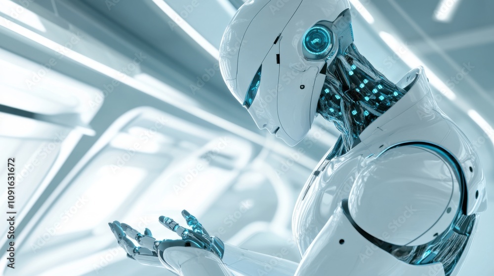 Poster futuristic humanoid robot in technologically advanced environment analyzing data