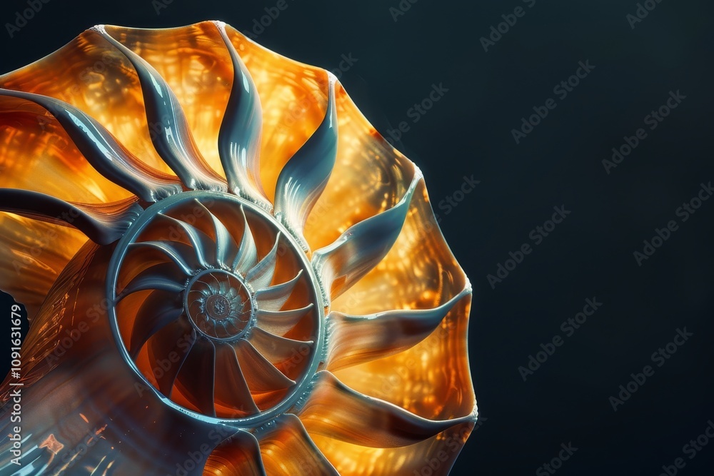 Poster the intricate patterns of a nautilus shell are illuminated by gentle light, revealing its vibrant co