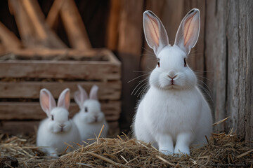 Obraz premium White rabbits enjoying hay in a rustic feeding trough at dawn
