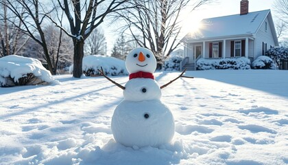 Obraz premium A snowman with a red scarf stands in front of a house.