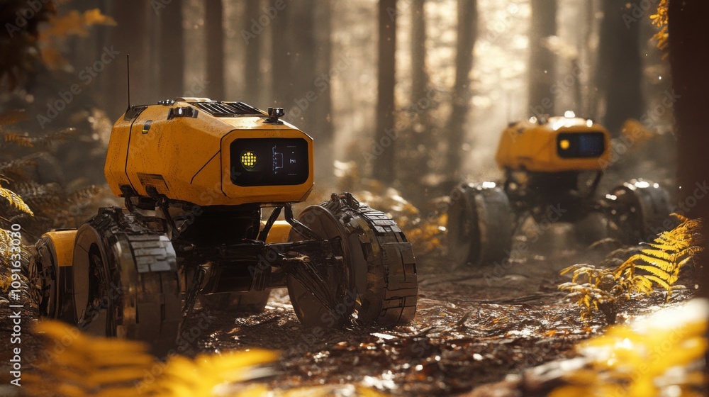 Poster Two advanced robots navigate through a dense forest under soft golden light. The vibrant ferns surround the robots, emphasizing their futuristic design amidst the serene natural setting.