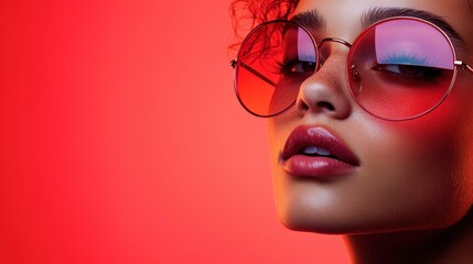 A sophisticated portrait of a woman in red-tinted glasses posed elegantly against a vibrant red backdrop, capturing a timeless sense of modern style and allure.