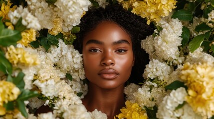 A striking portrait of a woman with glowing skin lying amidst white and yellow flowers, reflecting the harmony of contrast between her complexion and the blossoms around her.