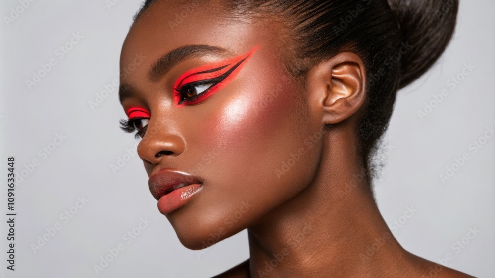 Poster the portrait features a person with thick neon red eyeliner creating an exaggerated angular shape ar
