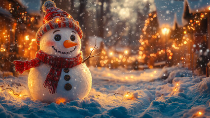 Children happily building a snowman in a snowy suburban yard adorned with Christmas lights, showcasing joyful family bonding.