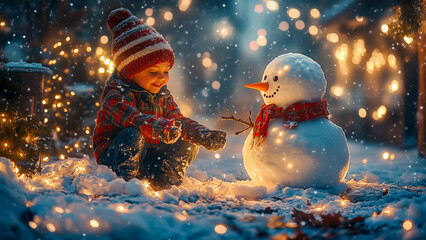 Children happily building a snowman in a snowy suburban yard adorned with Christmas lights, showcasing joyful family bonding.