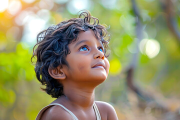 A curious Indian boy exploring the wonders of nature, his awe inspired by the simplicity and beauty of the world around him.
