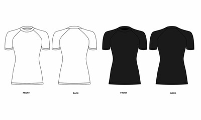 Short sleeve rashguard sketch set, front and back view. Sketch of short sleeve sports jersey rashguard, black and white colors. Drawing of jersey t-shirt