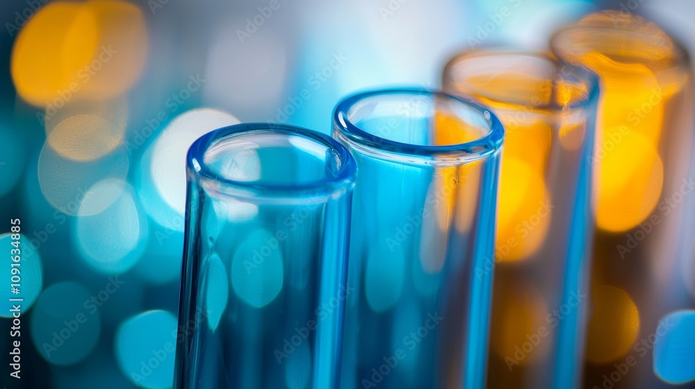 Poster abstract close-up of colorful test tubes with bokeh lighting