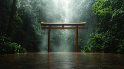 Selbstklebende Fototapeten A peaceful scene featuring a traditional torii gate in a mist-covered forest, illuminated by soft, ethereal light, creating a harmonious and spiritual ambiance. ©  Shomixer