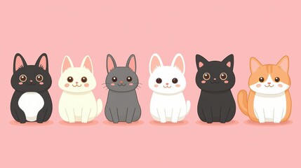 Cute Cartoon Cats and Kittens in a Row on a Soft Pink Background Featuring Playful Expressions and Charming Designs for Cat Lovers and Illustrators